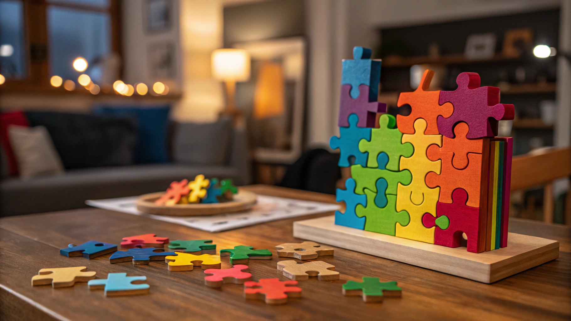 Comparison of chunky toddler puzzle pieces and intricate adult pieces
